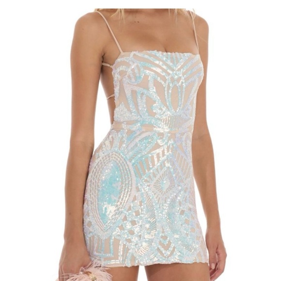 White Sequin Strappy Dress in Nude Iridescence by LUCY IN THE SKY XS - Picture 3 of 6
